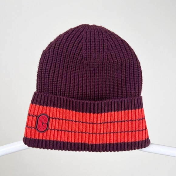 Coach 100% Merino Wool Beanie Toque Winter Fall Hat Ribbed Knit Striped Pattern - Picture 2 of 6